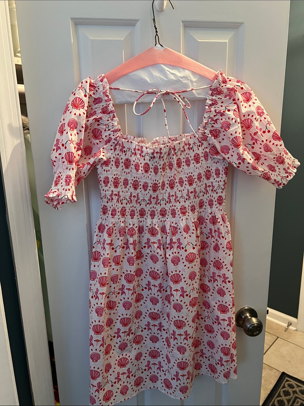 Hill House Pink Shell-Print Smocked Puff Sleeve Dress size XS - Picture 5 of 5
